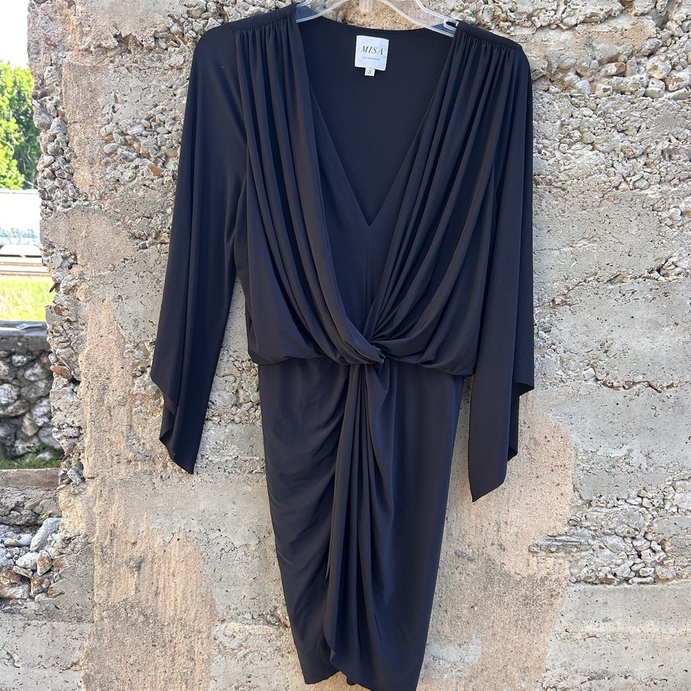 MISA Los Angeles S Teget Black Knotted Twist Front Draped Midi Dress Witchy